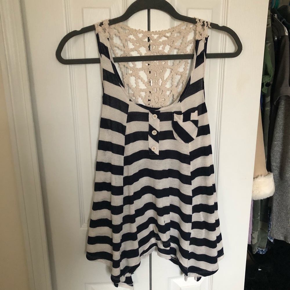 Navy Blue Stripe Top with Lace Back